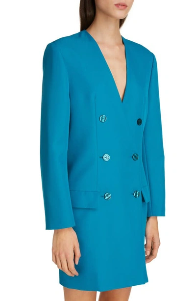 Shop Balenciaga Double Breasted Tech Twill Long Sleeve Blazer Dress In Petrol Blue