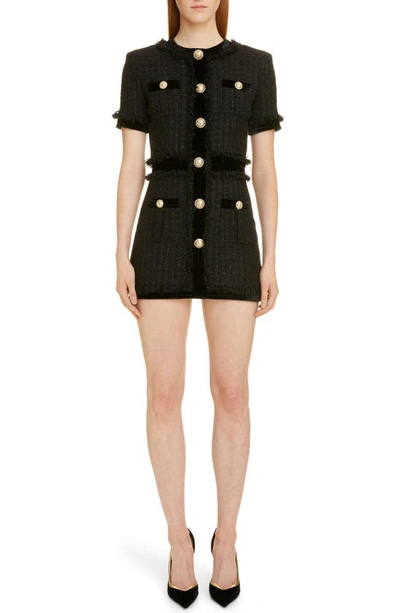 Shop Balmain Velvet Trim Tweed Minidress In 0pa Noir