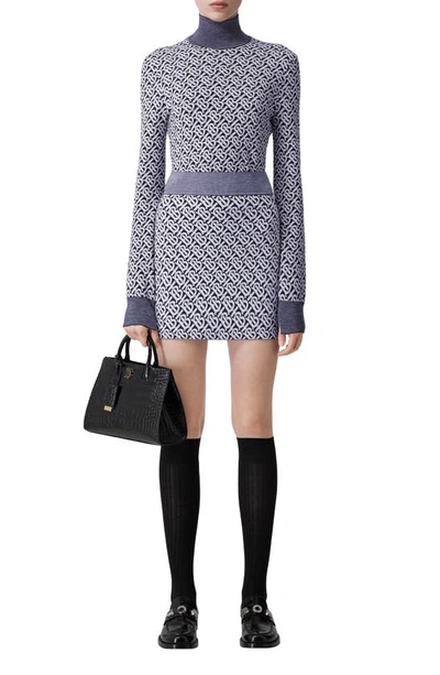 Shop Burberry Nula Tb Monogram Merino Wool Blend Miniskirt In Dark Charcoal Blue