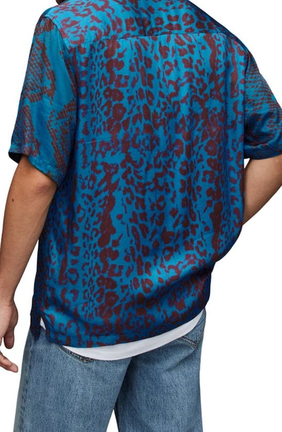 Shop Allsaints Munich Animal Print Short Sleeve Button-up Camp Shirt In Blue