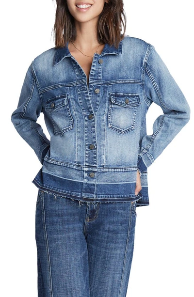 Shop Wash Lab Denim Step Up Raw Hem Denim Jacket In Chill Blue Light