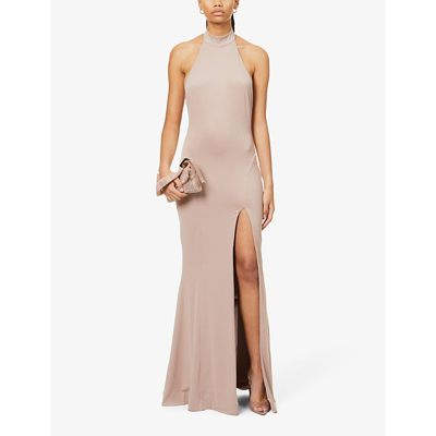 House Of Cb Juliette Halter-neck Split-hem Stretch-woven Maxi Dress In Mushroom