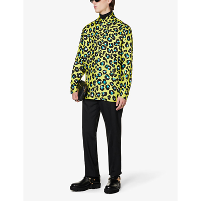 Shop Versace Leopard-print Relaxed-fit Silk Shirt In Acid Lime