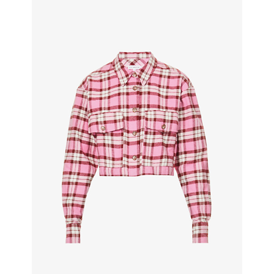 Shop Good American Plaid Cropped Regular-fit Cotton Shirt In Sorority Pinkcardinal St