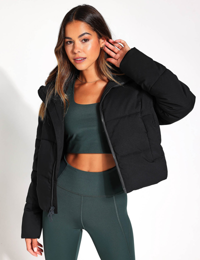 Shop Girlfriend Collective Cropped Puffer Coat Jacket In Black