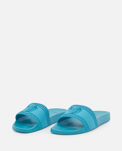 Shop Versace Rubber Medusa Slides In Blue