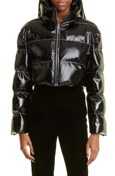 Shop Staud Ace Crop Faux Leather Puffer Jacket In Black
