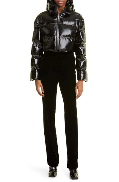 Shop Staud Ace Crop Faux Leather Puffer Jacket In Black