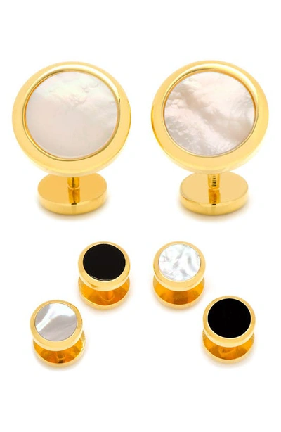 Shop Ox & Bull Trading Co. Ox And Bull Trading Co. Semi-precious Cuff Links & Shirt Studs Set In Gold/ Pearl