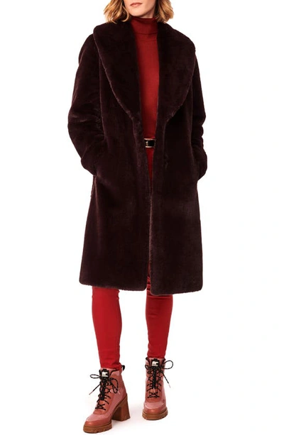 Shop Bernardo Shawl Collar Faux Fur Coat In Cherrywood