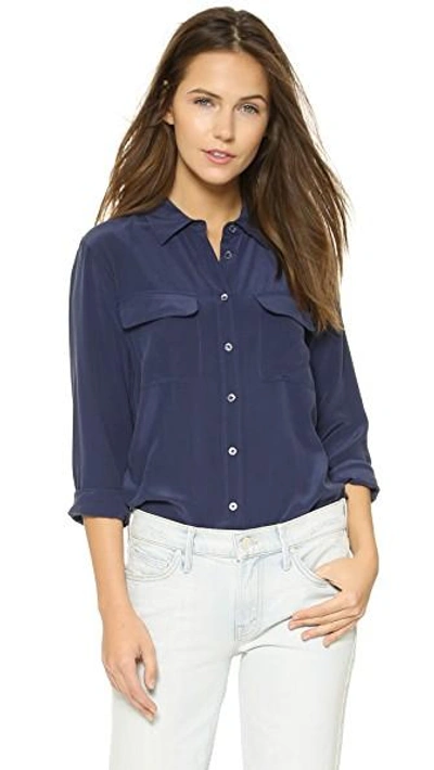 Equipment Slim Signature Short Sleeve Silk Shirt In Peacoat