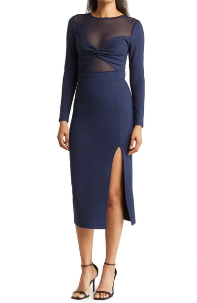 Shop Love By Design Celia Illusion Mesh Ruched Midi Dress In Navy Blazer