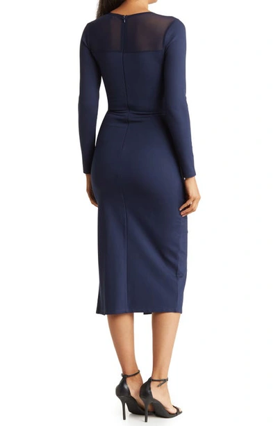 Love By Design Celia Illusion Mesh Ruched Midi Dress In Navy Blazer
