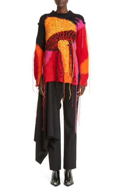 Shop Alexander Mcqueen Forest Distressed Colorblock Intarsia Mohair & Wool Blend Sweater In Orange/ Red/ Black