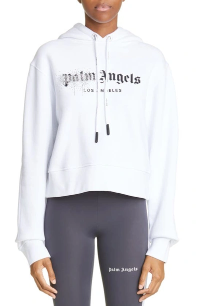Shop Palm Angels Crystal Spray Logo Graphic Hoodie In White Black