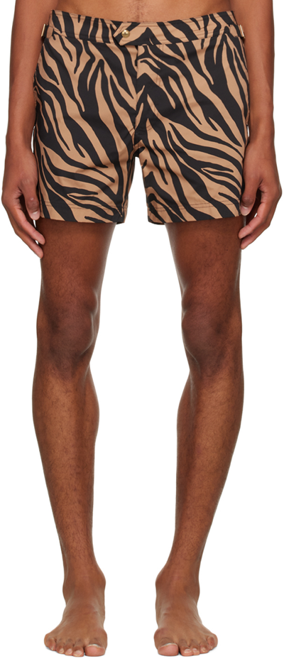 Shop Tom Ford Black & Tan Zebra Swim Shorts In 102 Camel