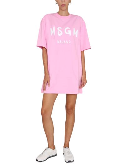 Shop Msgm Brushed Logo Dress In Pink