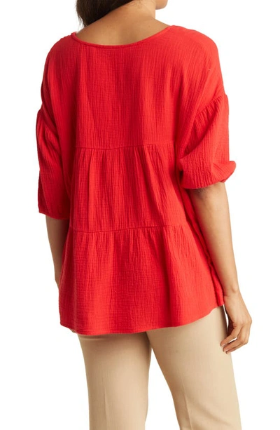 Shop Patrizia Luca Split Neck Long Sleeve Gauze Top In Red