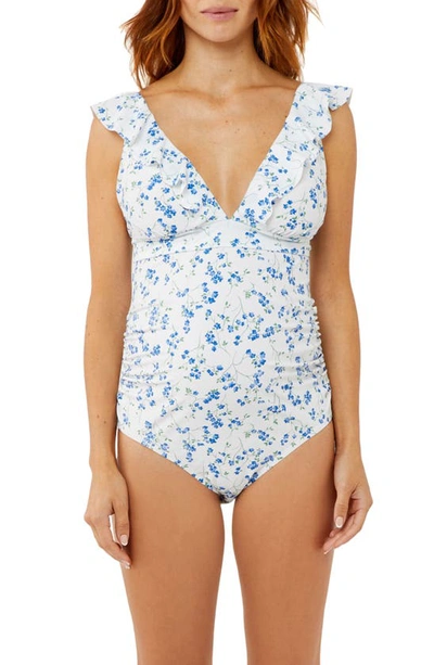 Shop A Pea In The Pod Ruffle One-piece Maternity Swimsuit In White/ Blue Print
