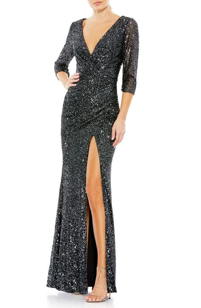 Shop Mac Duggal Ruched Sequin Trumpet Gown In Graphite