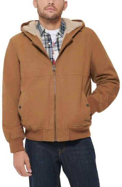 Shop Levi's Workwear Faux Shearling Lined Cotton Canvas Hooded Jacket In Brown