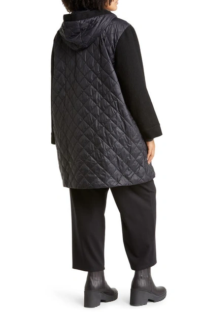 Shop Eileen Fisher Mixed Media Quilted Nylon Hooded Jacket With Wool Sleeves In Black