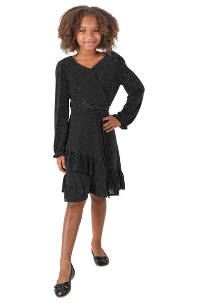 Shop Blush By Us Angels Kids' Sparkle Faux Wrap Long Sleeve Dress In Black