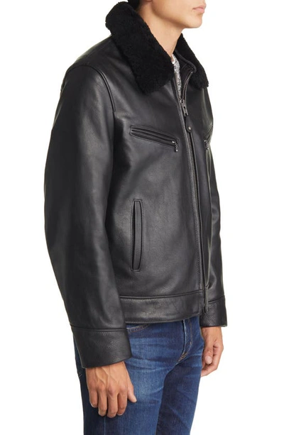 Shop Schott Nyc Leather Moto Jacket With Genuine Shearling Trim In Black