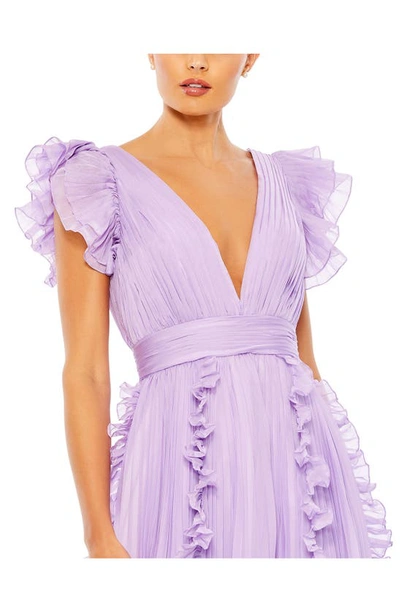 Shop Mac Duggal Pleated Ruffle Cap Sleeve Chiffon Gown In Lilac