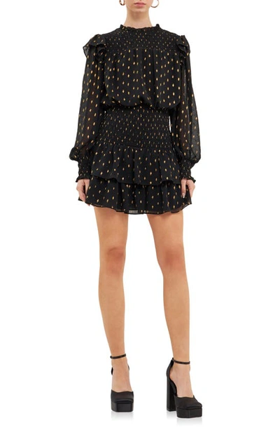 Endless Rose Metallic Dot Shirred Long Sleeve Chiffon Minidress In Black