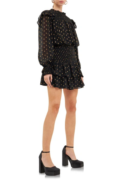 Endless Rose Metallic Dot Shirred Long Sleeve Chiffon Minidress In Black