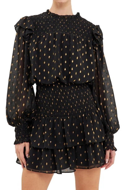 Endless Rose Metallic Dot Shirred Long Sleeve Chiffon Minidress In Black