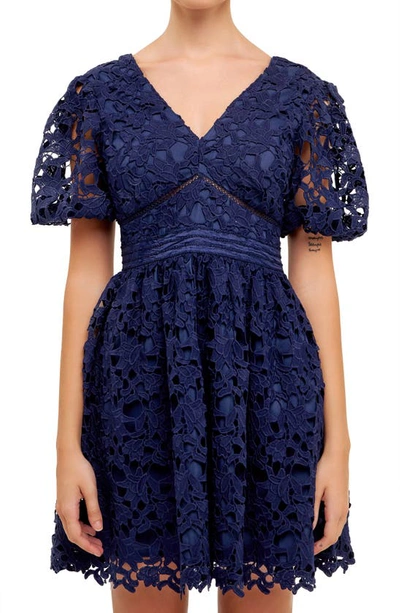 Endless Rose Puff Sleeve Lace Minidress In Navy