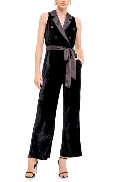 Endless Rose Satin Trim Velvet Jumpsuit In Black