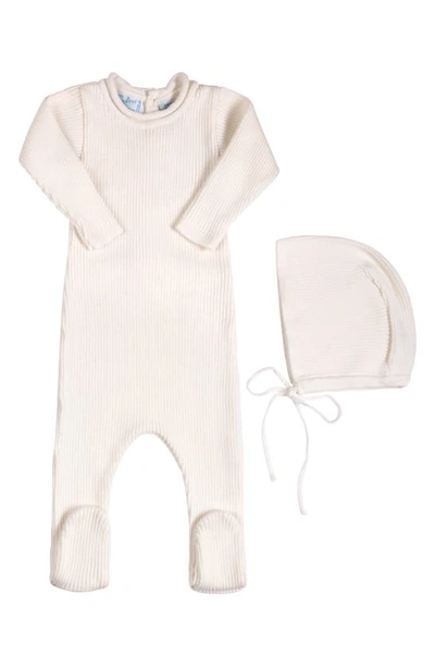 Shop Feltman Brothers Rolled Collar Rib Knit Footie & Bonnet Set In Ivory