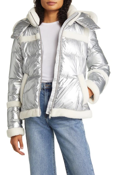 Shop Sam Edelman Metallic Fleece Trim Hooded Puff Coat In Silver