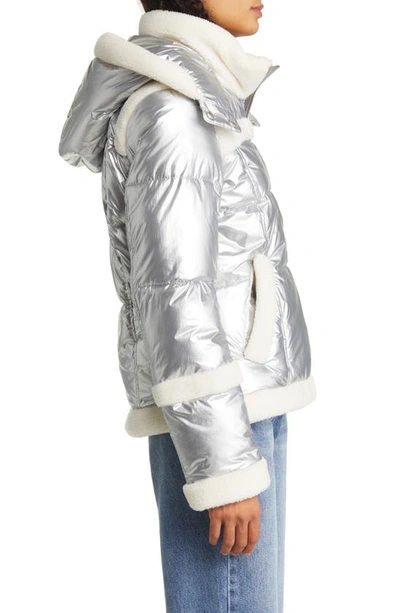 Shop Sam Edelman Metallic Fleece Trim Hooded Puff Coat In Silver