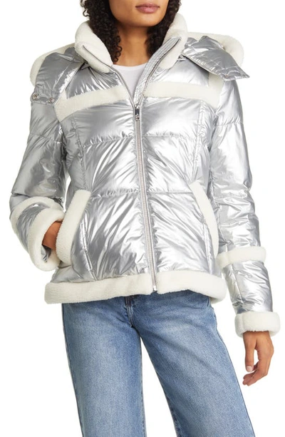 Shop Sam Edelman Metallic Fleece Trim Hooded Puff Coat In Silver