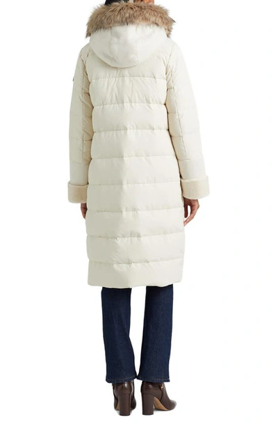 Shop Lauren Ralph Lauren Faux Fur Trim Down & Feather Puffer Jacket In Moda Cream