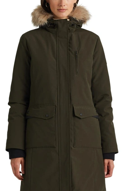 Shop Lauren Ralph Lauren Faux Fur Trim Down & Feather Hooded Parka In Green