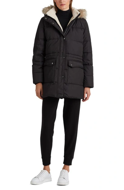 Shop Lauren Ralph Lauren Faux Fur Trim Down & Feather Puffer Coat In Black