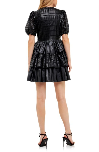 English Factory Eyelet Tiered Faux Leather Minidress In Black