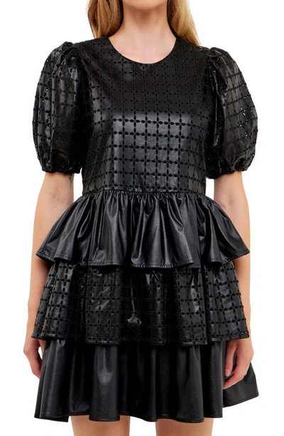 English Factory Eyelet Tiered Faux Leather Minidress In Black