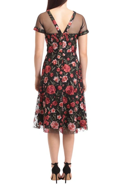 Shop Maggy London Illusion Yoke Floral Embroidered Midi Cocktail Dress In Black/ Multi