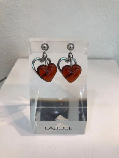 Pre-owned Lalique Heart Red Sterling Silver Crystal Pierced Earrings