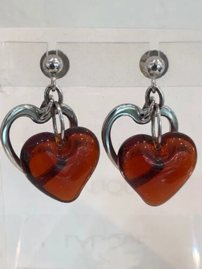 Pre-owned Lalique Heart Red Sterling Silver Crystal Pierced Earrings
