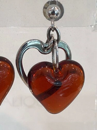 Pre-owned Lalique Heart Red Sterling Silver Crystal Pierced Earrings