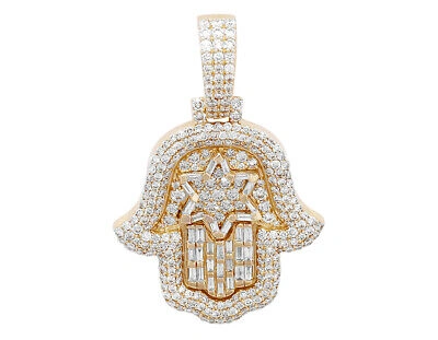 Pre-owned Jewelry Unlimited Men's Real Hamsa Star Baguette Diamond Pendant 3 1/2 Ct 10k Yellow Gold 1.8" In G-h
