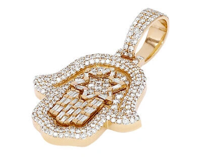 Pre-owned Jewelry Unlimited Men's Real Hamsa Star Baguette Diamond Pendant 3 1/2 Ct 10k Yellow Gold 1.8" In G-h