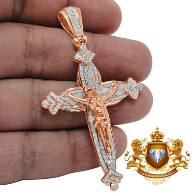 Pre-owned Us Diamond King Real Genuine Diamond 0.75 Ctw Jesus Cross Crucifix Charm Rose Gold Tone Pendent